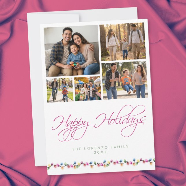 Modern 5 Foto Collage Glad Jul Ljus Julkort (Modern 5 Photo Collage Happy Holidays Lights Holiday Card)
