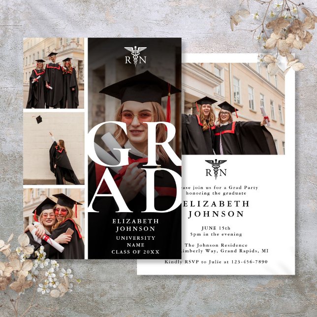 Modern 5 Foto RN Sjuksköterska Examen Fest Inbjudningar (Modern 5 Photo RN Nursing Graduation Party Invitation)