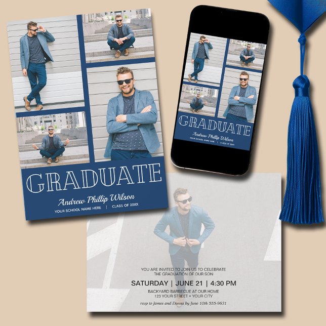 Modern 5-foto-Studentfest, marinblå Inbjudningar (Navy Blue Modern Photo Graduation Invitations - PRINTED and/or INSTANT DOWNLOAD)
