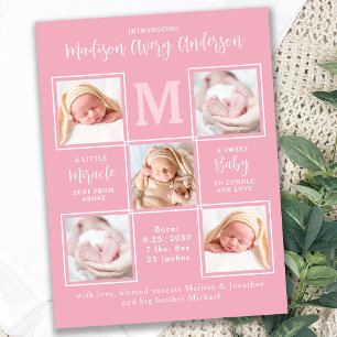 Modern 5-Fotografers Kollage Nyfödd Baby Rosa Föde Meddelande Vykort