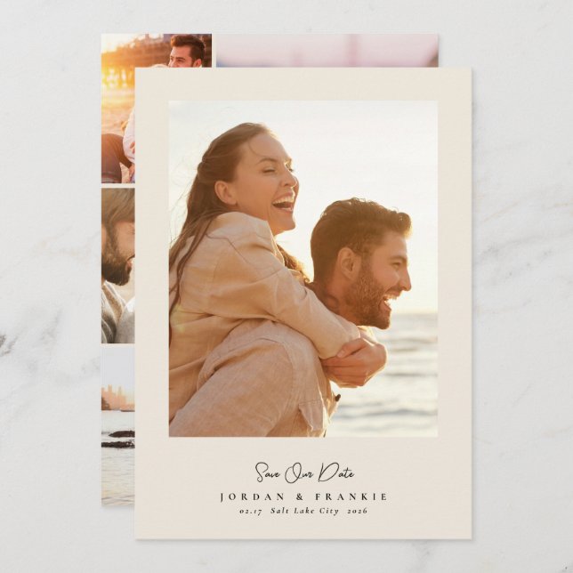 Modern 5 fotokollage-skript kalligrafi bröllop spara datumet (Fram/baksida)