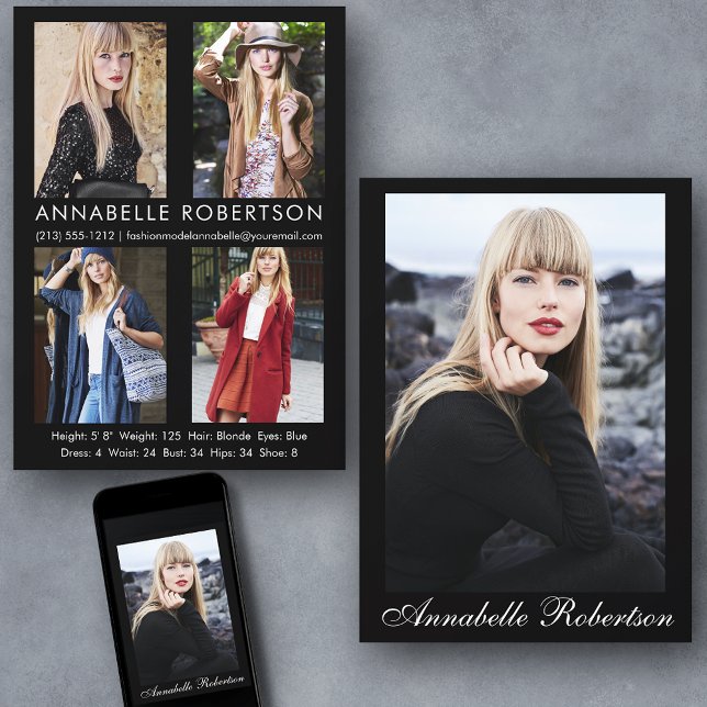 Modern 5-fotomodellactor Comp Card för fotomodell Inbjudningar (Customize to change background color, text size or text style. Available for prints and download.)