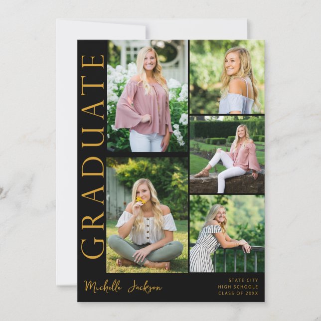 Modern 5 fotosida Studenten - svart Inbjudningar (Framsida)