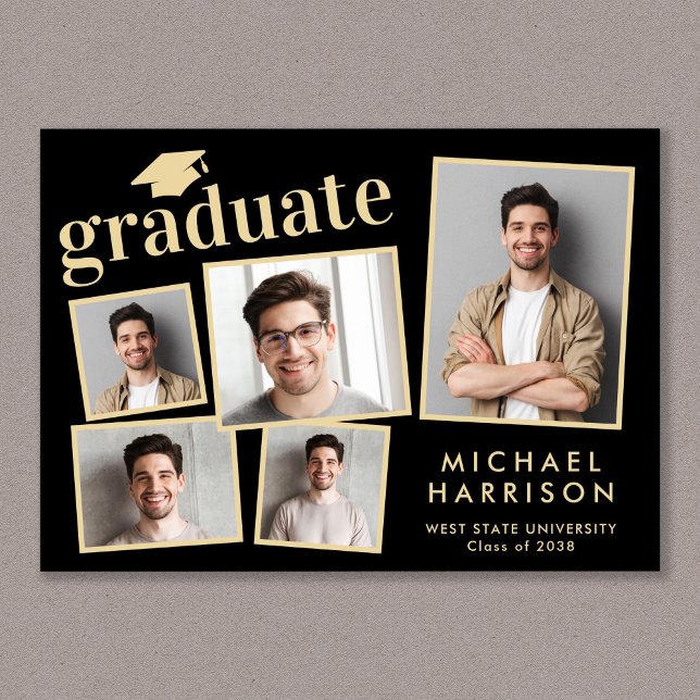 Modern 5 Photo Black Guld Studenten Meddelande (Cherish the milestone: share your graduate's achievement with a custom photo graduation announcement)