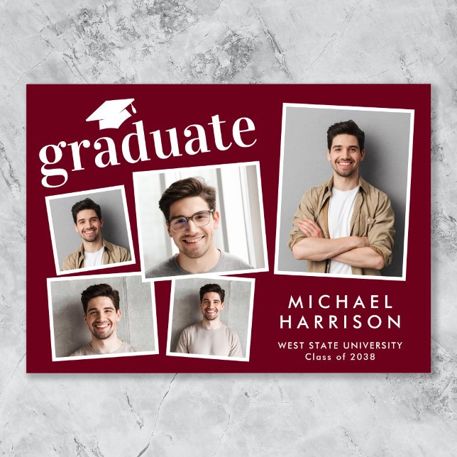 Modern 5 Photo Burgundy Red Studenten Meddelande (Cherish the milestone: share your graduate's achievement with a custom photo graduation announcement)