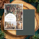 Modern 5 Photo Collage Arch God jul Photo Julkort<br><div class="desc">säsongens glädje med vårt Photo-julkort. Med en enastående 5-fotokollage med ett överlägg av eleganten på det översta lämnat fotot, som är försedd med ord "God jul" i faux-folie av typen guld. Anpassa den med din familj namn och år i minimalistisk typografi. Vänd över den för att visa en djup grönt...</div>