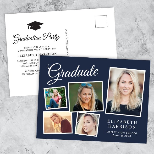 Modern 5 Photo Collage Blue-Studentfest Inbjudan Vykort (A personalized photo graduation party invitation to celebrate the graduate's achievements)