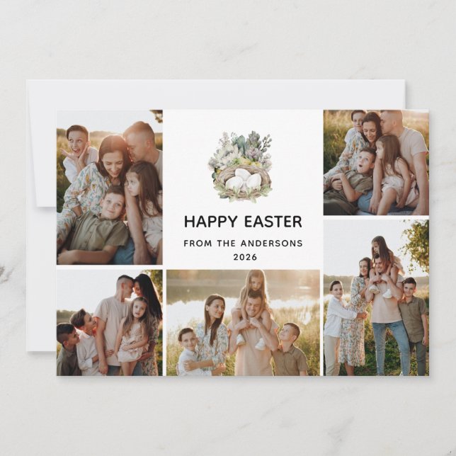 Modern 5 Photo Collage Happy Easter Nest Family Julkort (Framsida)
