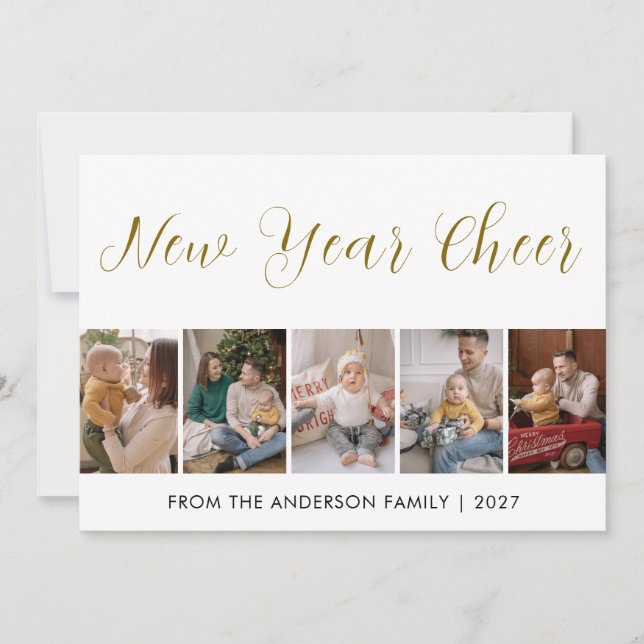 Modern 5 Photo Collage New Year Cheer Julkort (Framsida)
