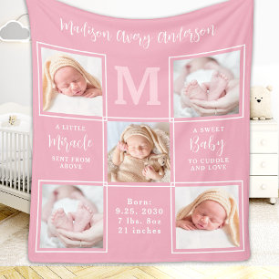 Modern 5 Photo Collage Nyfödd bebis Rosa Birgats S Fleecefilt
