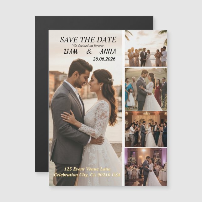 Modern 5 Photo Wedding Save the Date Card Magnetisk Inbjudningskort (Fram/baksida)