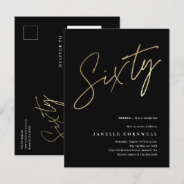 Modern 60-års födelsedag elegant svart & guld skri inbjudan vykort