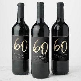 Modern 60-års födelsedags svart & guldskrift vinflaska etikett