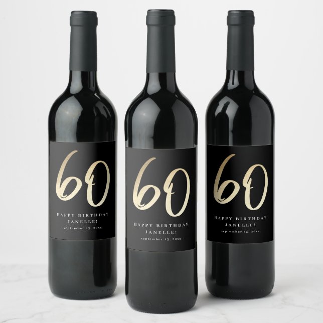 Modern 60-års födelsedags svart & guldskrift vinflaska etikett (Flaskor)