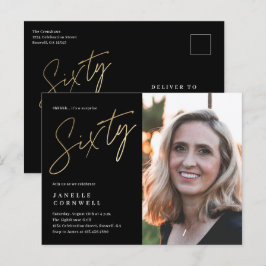 Modern 60-års födelsedagsfoto svart & guldskrift inbjudan vykort