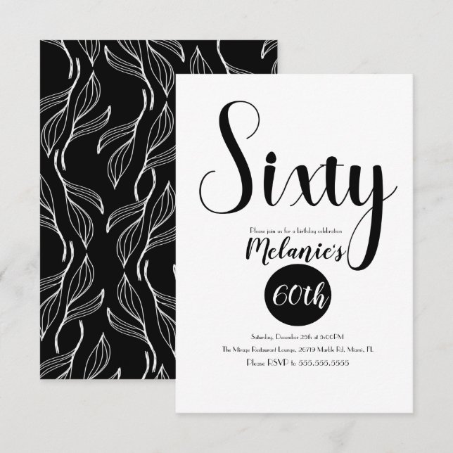 Modern 60-års Script Bold Svart och Vit Grönska Inbjudningar (Fram/baksida)