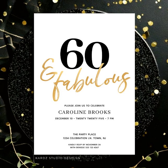 Modern 60-dagars inbjudan till Guld (Invitation for sixtieth birthday shown in flat 5x7 in. card. Personalize in edit this design button.)