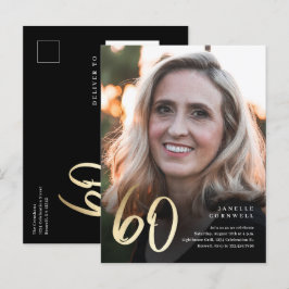 Modern 60:e födelsedag fotosvart & Guld-skript Inbjudan Vykort