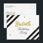 Modern 60:e Födelsedagsfesten i skript Inbjudan Vykort<br><div class="desc">Modern,  60:e födelsedagsskript med Guld-geometrisk inbjudan med svart rand och guld-folie med glitter-punkter med skripttypografi som du enkelt kan redigera. Om du vill göra ytterligare anpassningar klickar du på knappen "Anpassa" och användor verktyg som är utformat för att ändra mallen.</div>