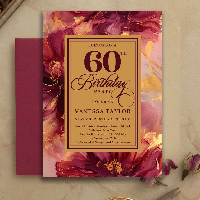 Modern 60th Birthday Burgundy Blush Boho Gold Inbjudningar (Modern 60th Birthday Burgundy Blush Boho Gold Invitation)