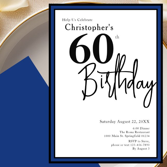 Modern 60th Birthday Invitation Elegant Black Blue Inbjudningar (Skapare uppladdad)