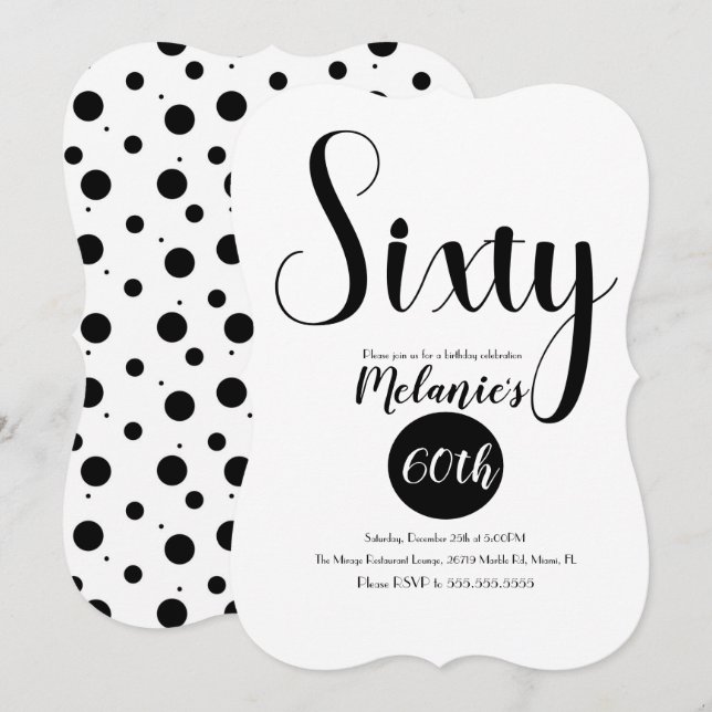 Modern 60th Script Bold Svart och Vita Prickar Inbjudningar (Fram/baksida)