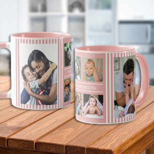 Modern 6-bilds collage Familjenamn Rosa ränder Mugg