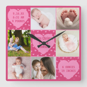 Modern 6-foto rosa Baby Girl födelseannonsering Fyrkantig Klocka