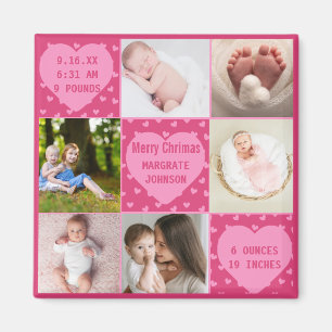 Modern 6-foto rosa Baby Girl födelseannonsering Magnet