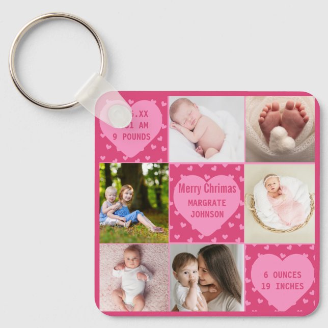Modern 6-foto rosa födelseannonsering för babyflic nyckelring (Framsida)