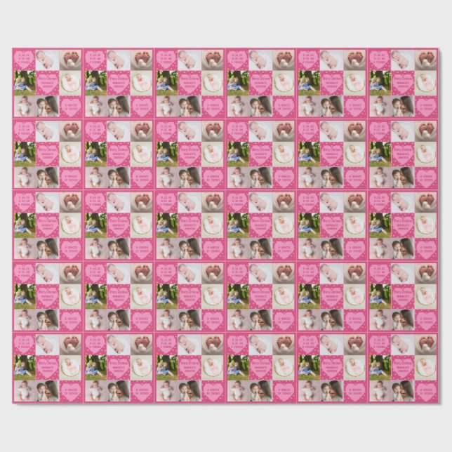 Modern 6-foto rosa födelseannonsering för babyflic presentpapper (Platt)