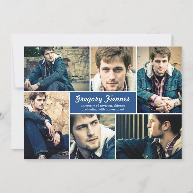 Modern 6-foto-Studenten-meddelande i blått Inbjudningar (Framsida)