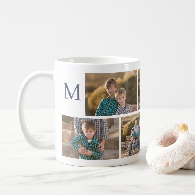 Modern 6 fotokollage med Monogram Kaffemugg (Med munk)