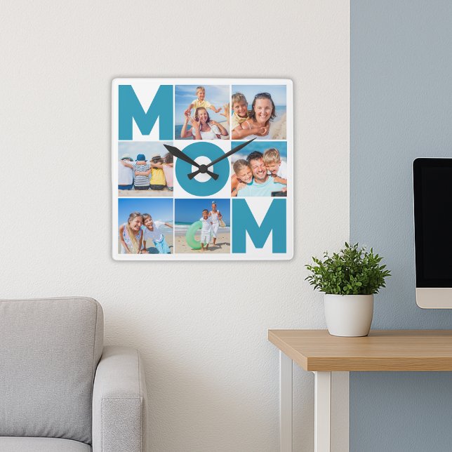 Modern 6 fotosamling för Mamma - Anpassningsbar Gi Fyrkantig Klocka (Modern 6 Photo Collage for Mom – Custom Gift Square Wall Clock
)
