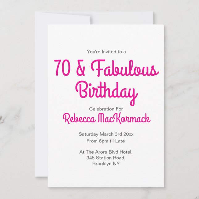 Modern 70 och fantastisk rosa 70-årsfest inbjudningar (Framsida)