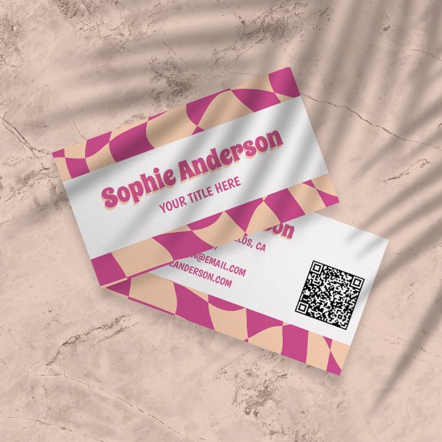Modern 70-tals Retro Rosa Vågig med QR-kod Visitkort (Skapare uppladdad)