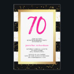 Modern 70th födelsedagsfest inbjudan för<br><div class="desc">Dessa glam moderna 70th födelsedagsfest inbjudan presenterar moderiktiga svartvita randar med guld- konfettiar för fauxen och en matcha ljus rosa typografi för ram och upptill med henne åldern.</div>