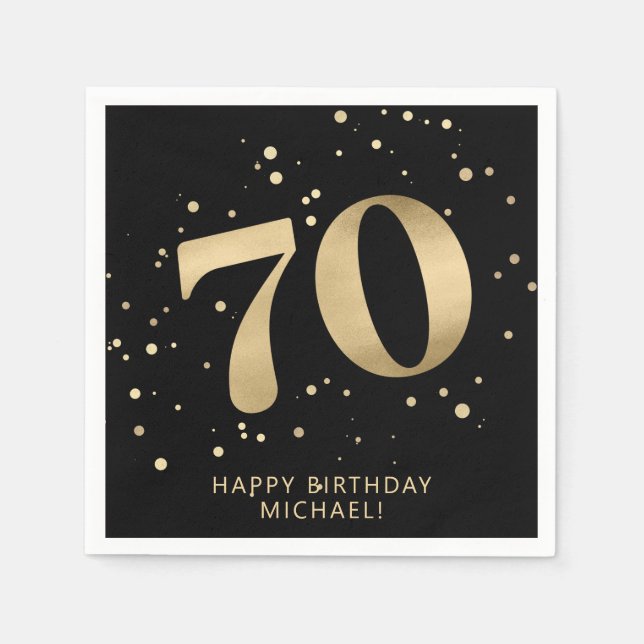 Modern 70th Seventy Birthday | Gold Black Glitter  Pappersservett (Framsidan)