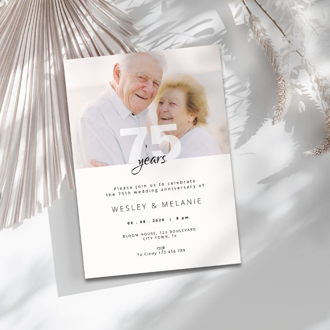 Modern 75-års bröllopsjubileum med foto inbjudningar (modern 75th wedding anniversary invitation with photo)
