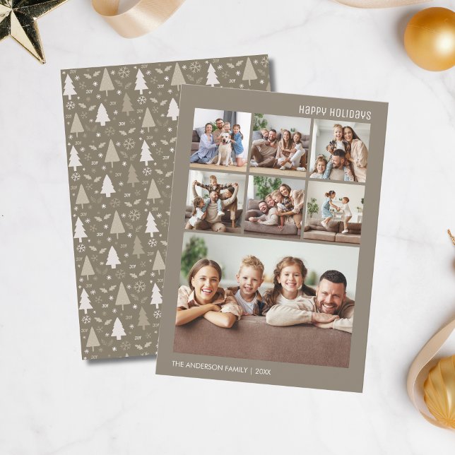 Modern 7-familjens fotokollage - julklapp julkort (Modern 7 Family Photo Collage Christmas Taupe Holiday Card)