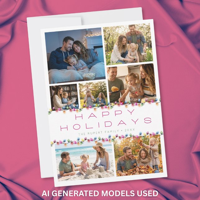 Modern 7 Foto Collage God Jul Ljus Julkort (Modern 7 Photo Collage Happy Holidays Lights Holiday Card)