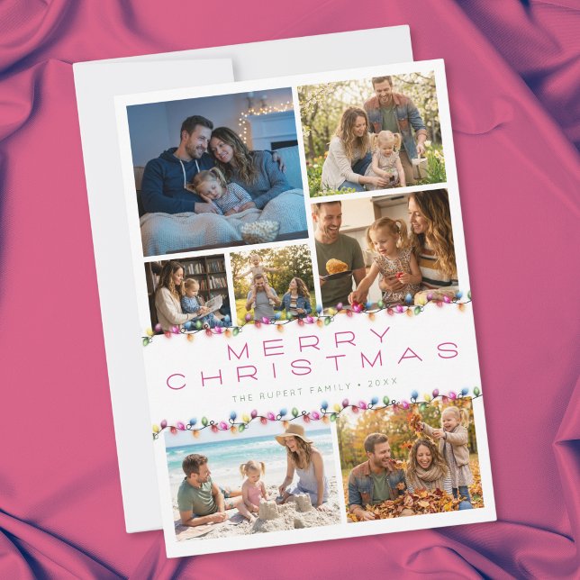 Modern 7 Foto Collage God Jul Ljus Julkort (Modern 7 Photo Collage Merry Christmas Lights Holiday Card)