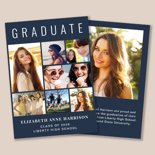 Modern 7 Photo Collage Blue Studenten Meddelande (Cherish the milestone: share your graduate's achievement with a custom photo graduation announcement)