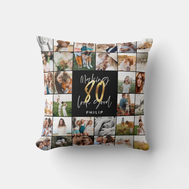 Modern 80-årsdagars multifotoskriptpresent kudde (Framsida)