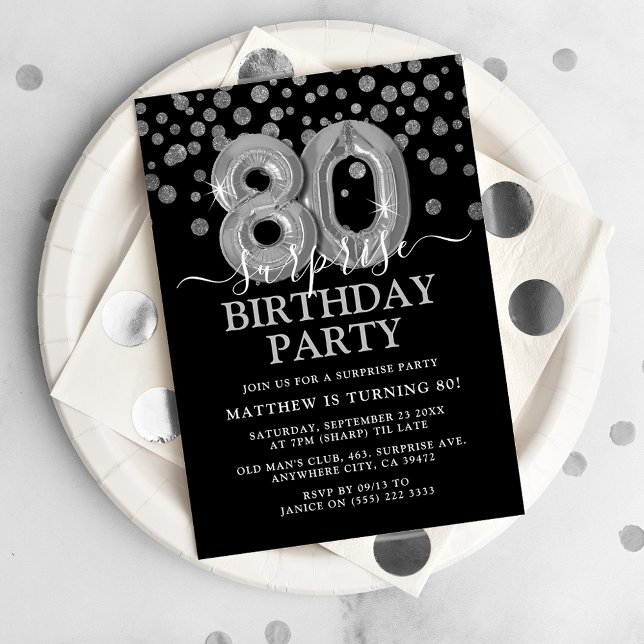 Modern 80:e överraskande Födelsedagsfesten i Black Inbjudningar (Skapare uppladdad)