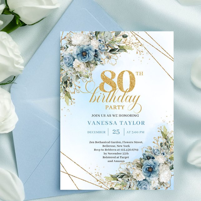 Modern 80th Birthday Invite Boho Dusty Blue Floral Inbjudningar (Modern 80th Birthday Invite Boho Dusty Blue Florals)