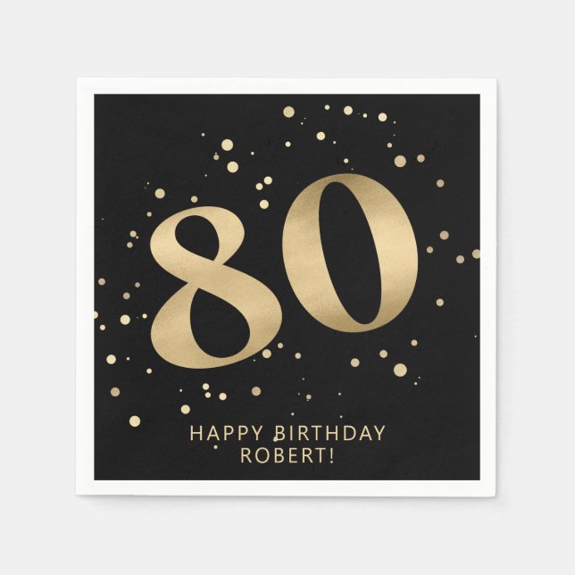 Modern 80th Eighty Birthday | Black Gold Glitter  Pappersservett (Framsidan)