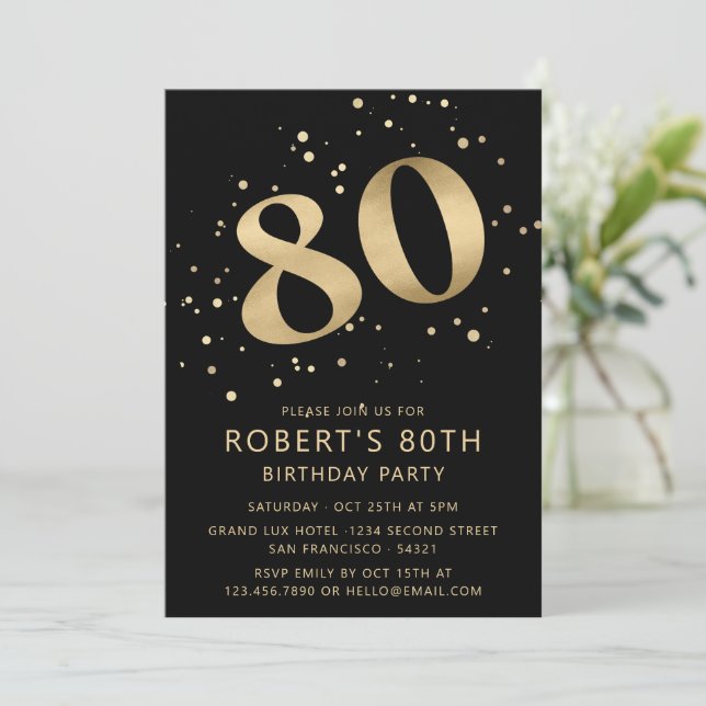 Modern 80th Eighty Birthday Photo Gold Glitter Inbjudningar (Stående Fram)