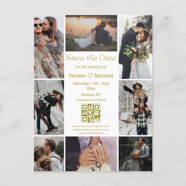 modern 8 bilder collage qr kod spara datum guld meddelande vykort (Framsida)