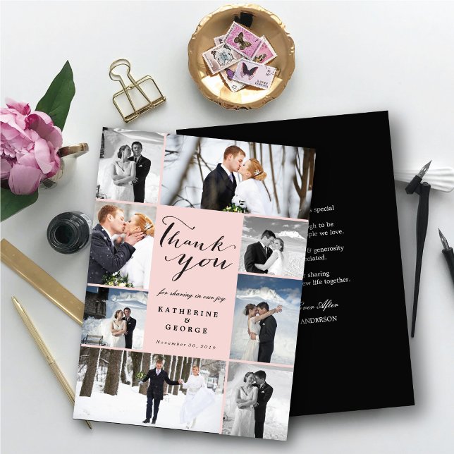 Modern 8-foto Rosa Bröllop Design Tack Kort (Modern Classy Script 8 Multi Photo Collage Stylish Wedding Thank You Card @ fatfatin_blue_knot)